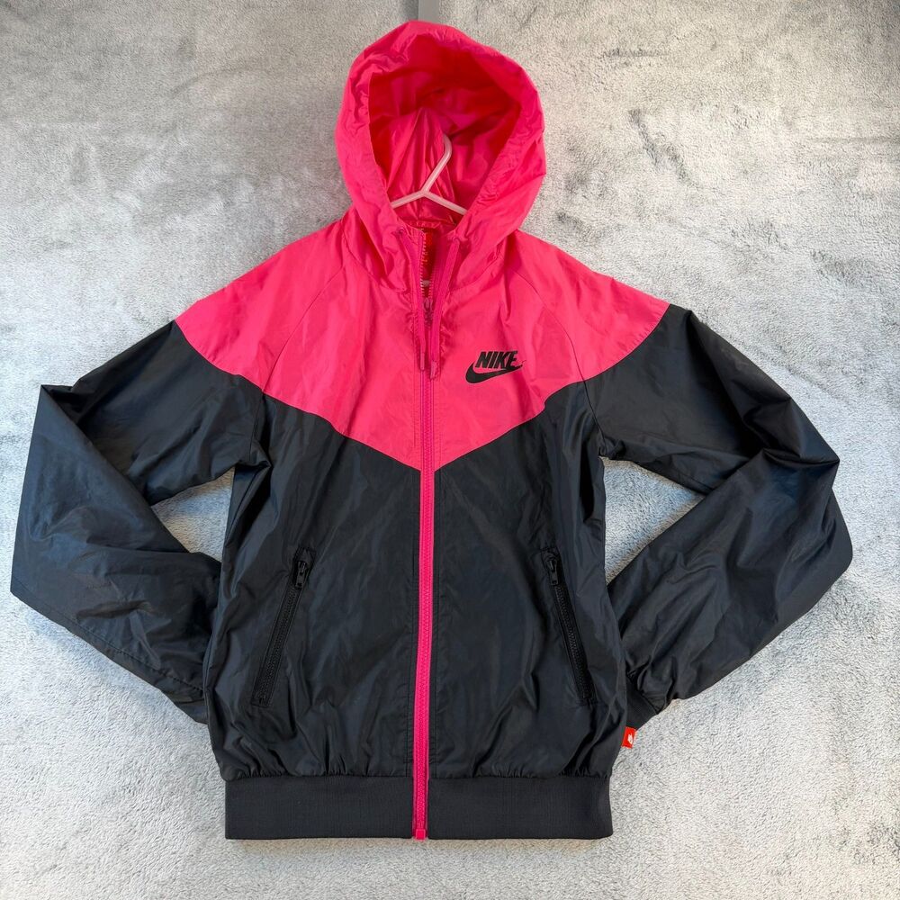 Nike Windbreaker Jacket Womens XS Hooded Pink Black Colorblock Full Zip
